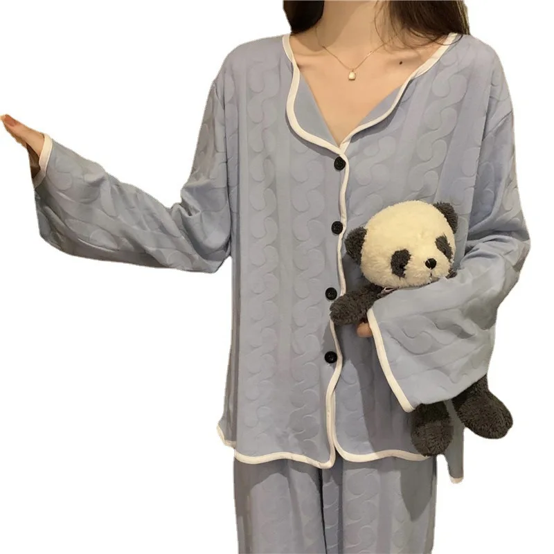 New Spring Autumn Pajamas Women's Imitation Cotton Jacquard Solid Color Wave V-neck Thin Sweet Long Sleeve Lady Sleepwear Suit