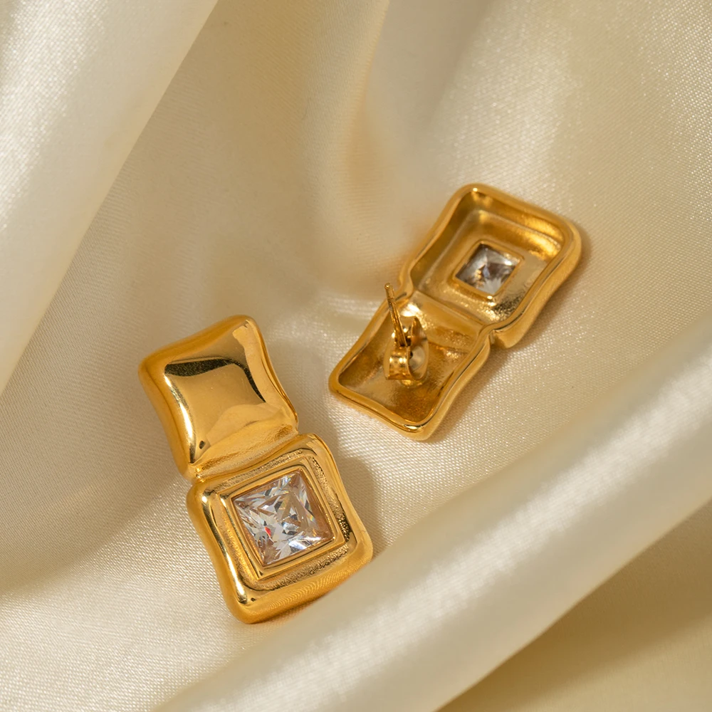 

18K Gold PVD Plated Square Mosaic Inlaid Zircon Earrings Stainless Steel Waterproof Charm Women's Accessories Jewelry Gift