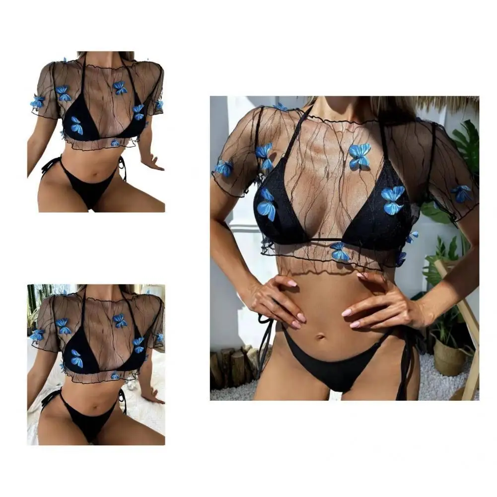 

Ladies 3Pcs/Set Attractive Solid Color See through Swimwear Three-piece Split Bikini Skinny Beachwear