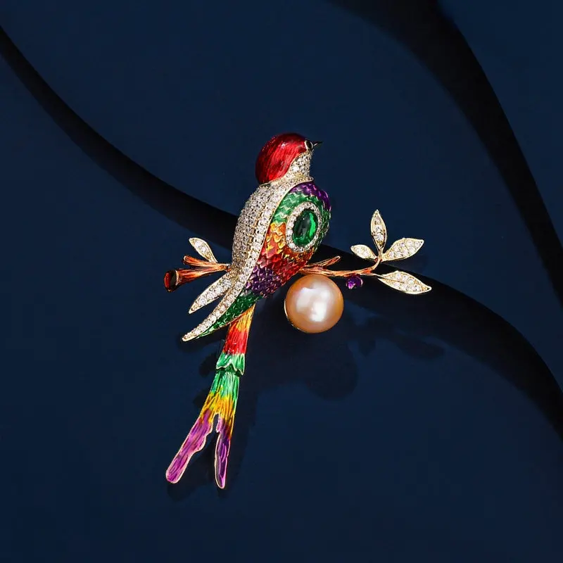 

Colorful Dripping Oil Freshwater Pearl Bird Brooch