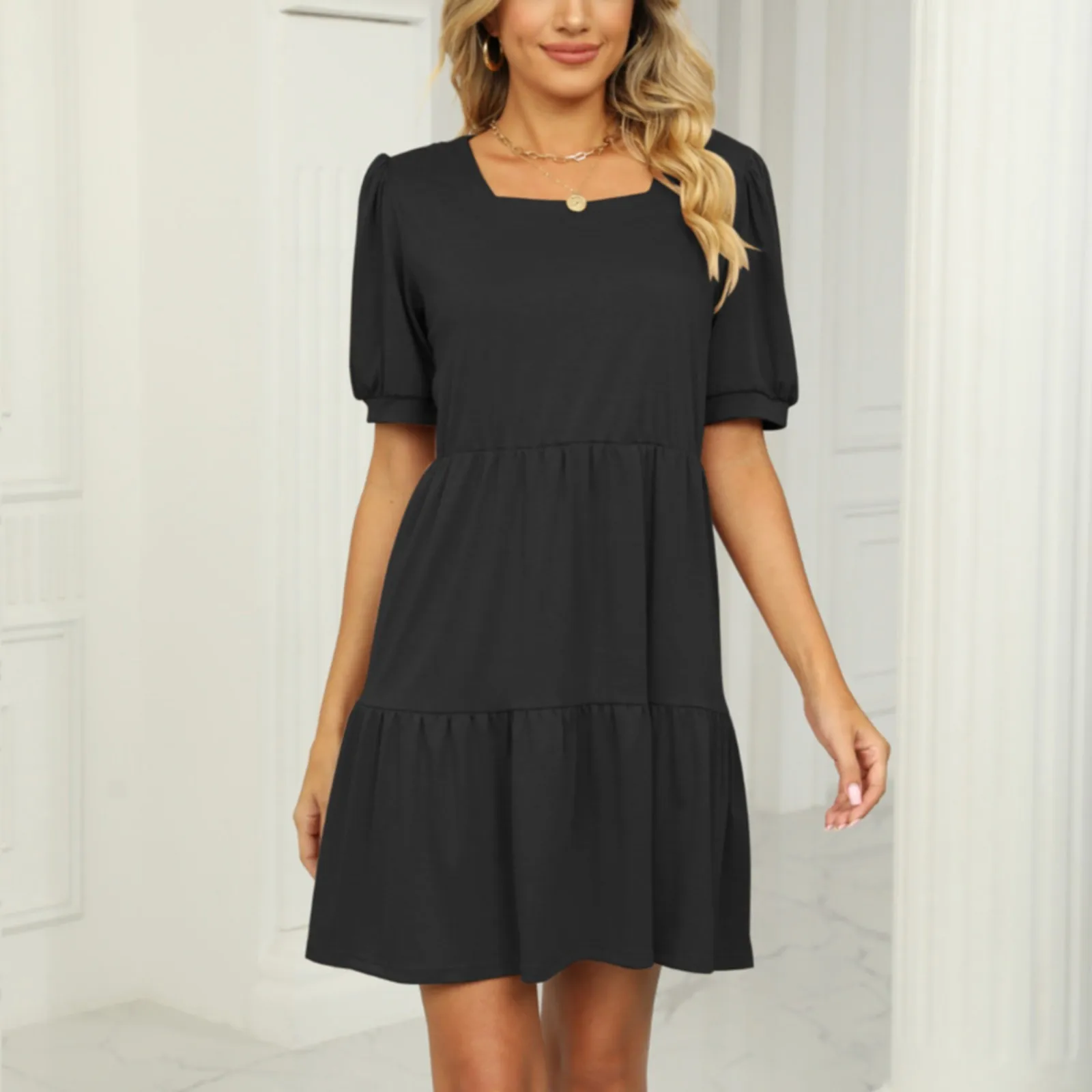 

Винтажное повседневное мини-платье, Летние Элегантные Женские однотонные платья-трапеции с квадратным вырезом и коротким рукавом, Дамский сарафан с высокой талией