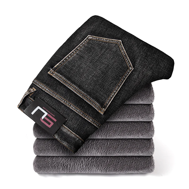 

LICHENGRUI Winter Men's Fleece Warm Blue Grey Jeans Business Casual Stretch Fabrics Regular Fit Denim Pants Male Brand