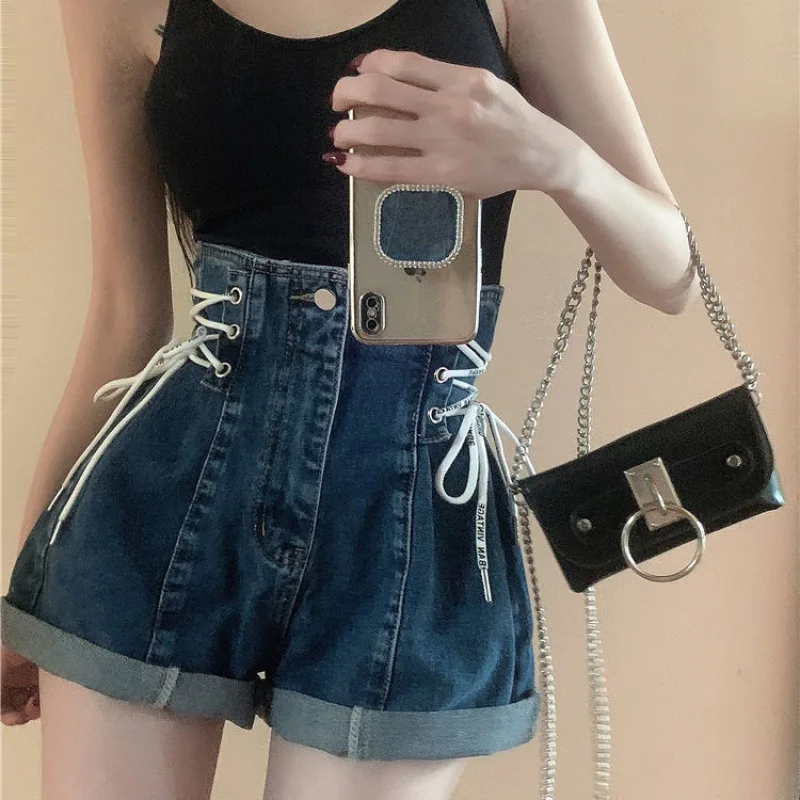 Chic Blue Denim Shorts for Women Korean Fashion High Waisted Shorts 2023 Summer Female Edge Curl Casual Loose Short Jeans Woman