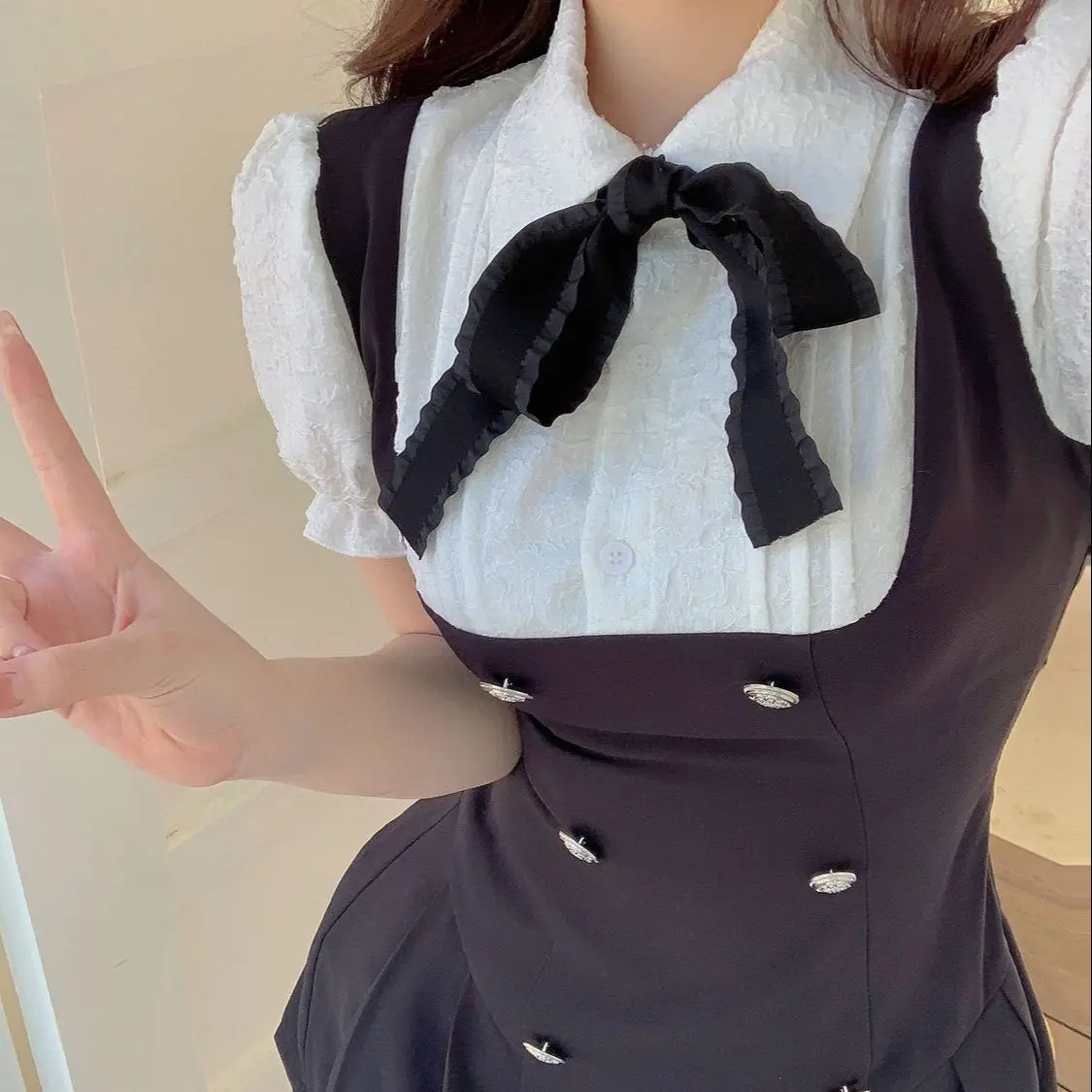 

Women's Summer New Slim Waist Show Pure Lust Spicy Girl Short French Academy Style Fake Two Piece Dress
