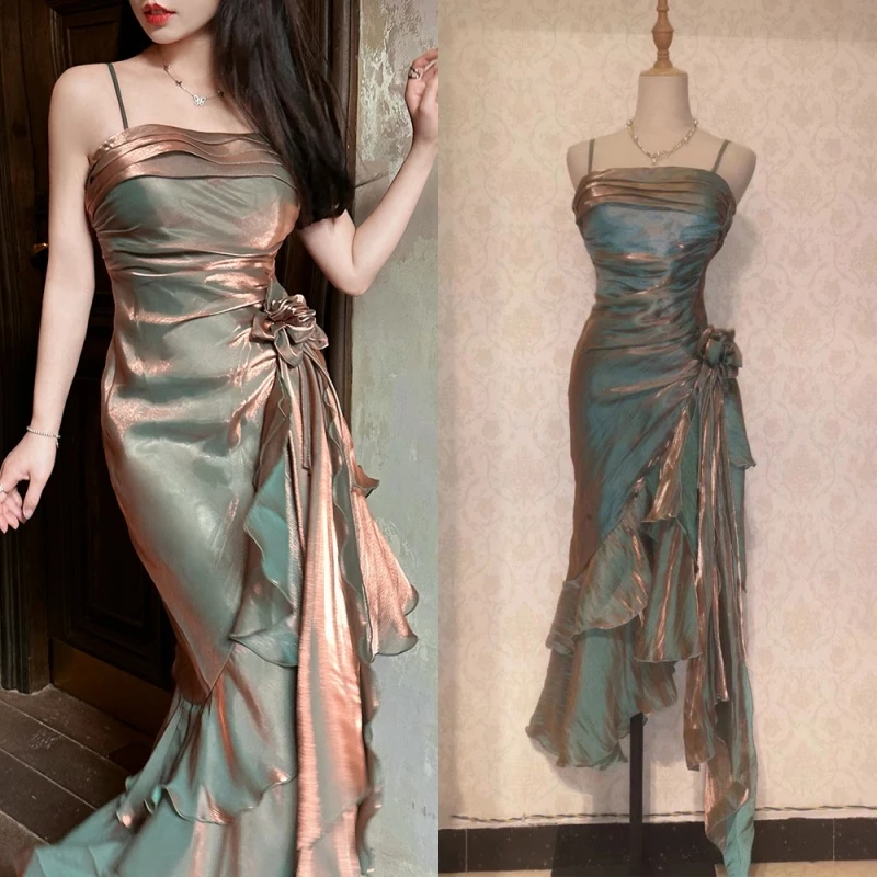 

14717#Vintage Elegant Ice-colored British Retro Waist Strap Three-dimensional Flowers Irregular Ruffle Stitching Evening Dress