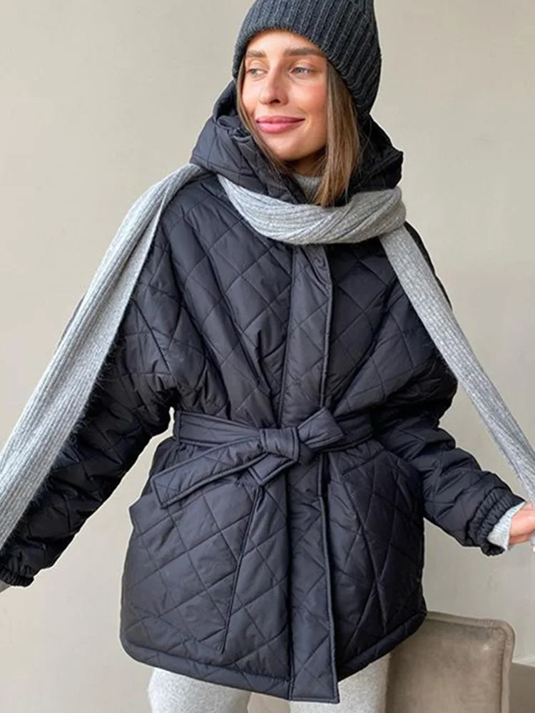 Arygle Hooded Parkas Women Fashion Solid Thick Coats Female Belt Cotton Jackets Female Ladies Women's Clothing