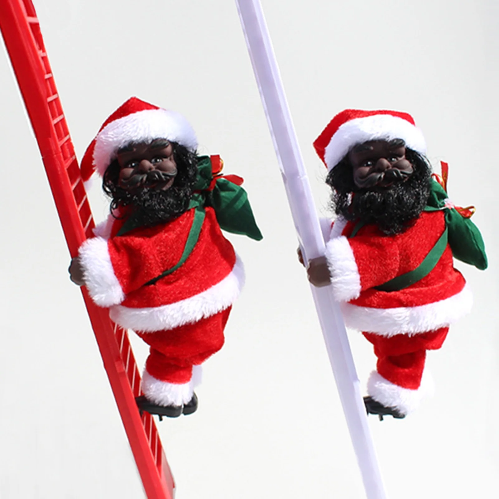 

Забавный Рождественский Афро-американский Санта-Клаус вверх и вниз по лестнице с музыкальным эффектом