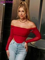 parthea sexy off shoulder blouses women mesh pile sleeve boned ruched cut out anti slip corset top elegant bodycon sexy shirts