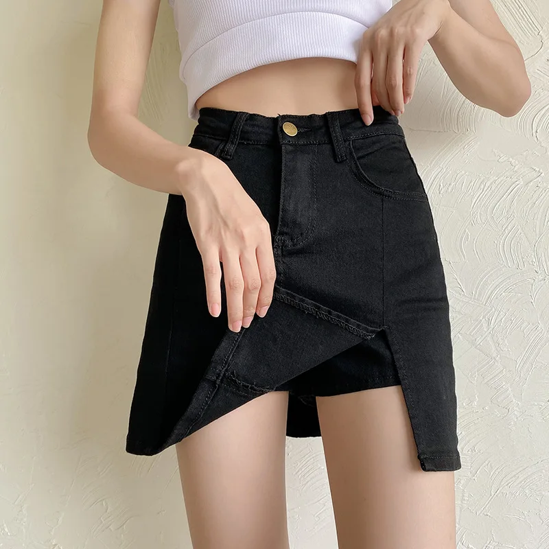 

Chic Sexy A-Line Denim Skirts High Waist Solid Color Women Ladies Street Style Wild Slit Mini Skirts with Pockets for Dating