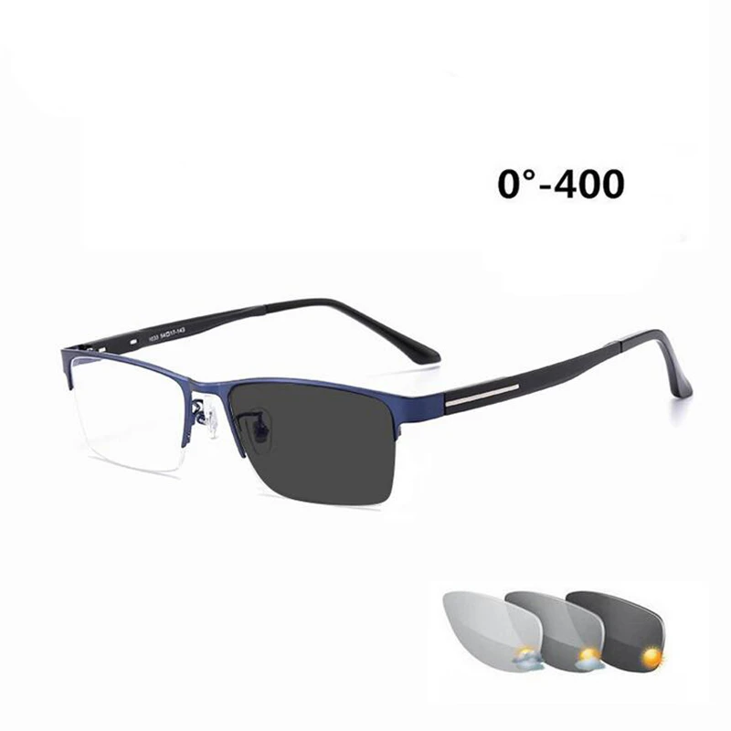 กลางแจ้ง Shade Anti-UV Semi-Rimless Photochromic สีเทา Square Prescription แว่นตาโลหะสายตาสั้นแว่นตา0 -0.5 -0.75-6