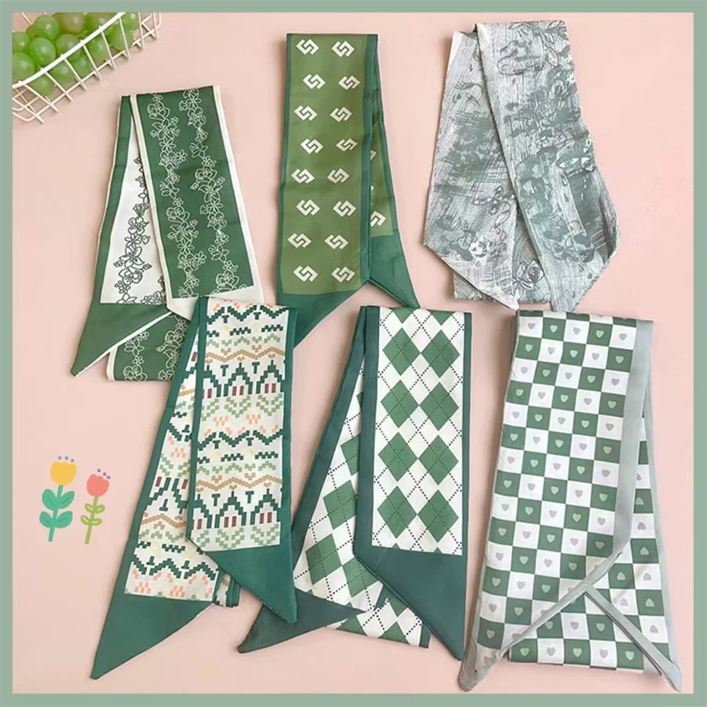 

New Green Series Print Silk Scarf Hair Ribbon Women Neckerchief Tie Headscarves Ribbon Floating Belt Bag Handle Decoration