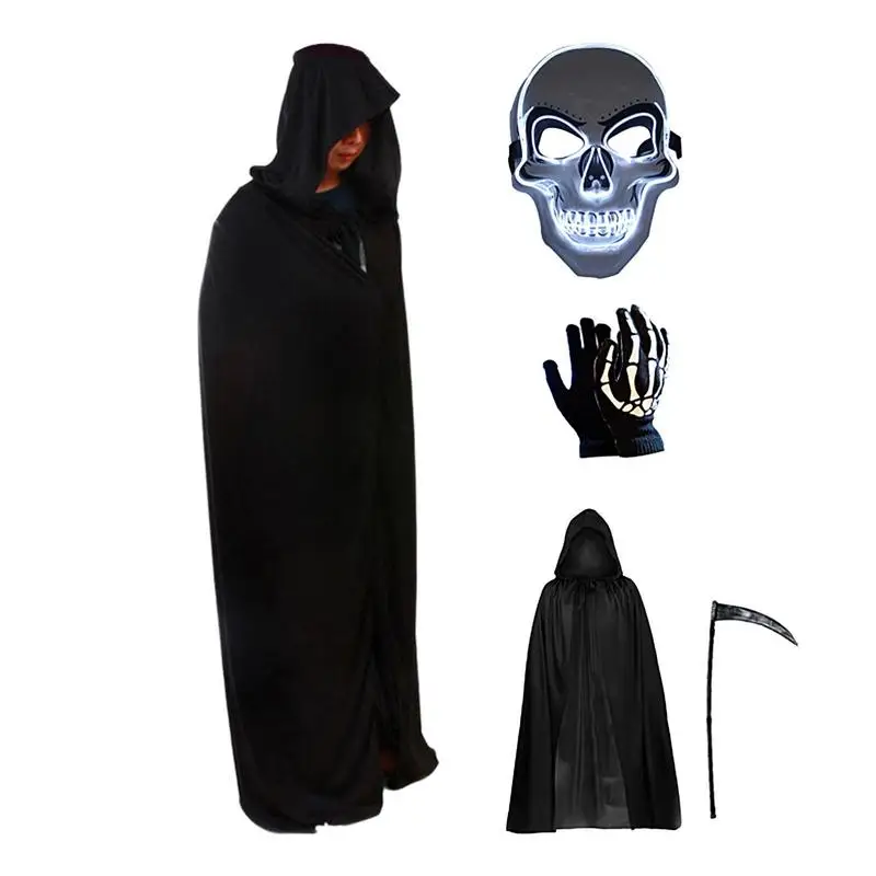 

Halloween Ghost Reaper Costume for Kids Hooded Cape Skull Mask Gloves Scythe Set Skull Gloves LED Scary Skull Face Cover Costume