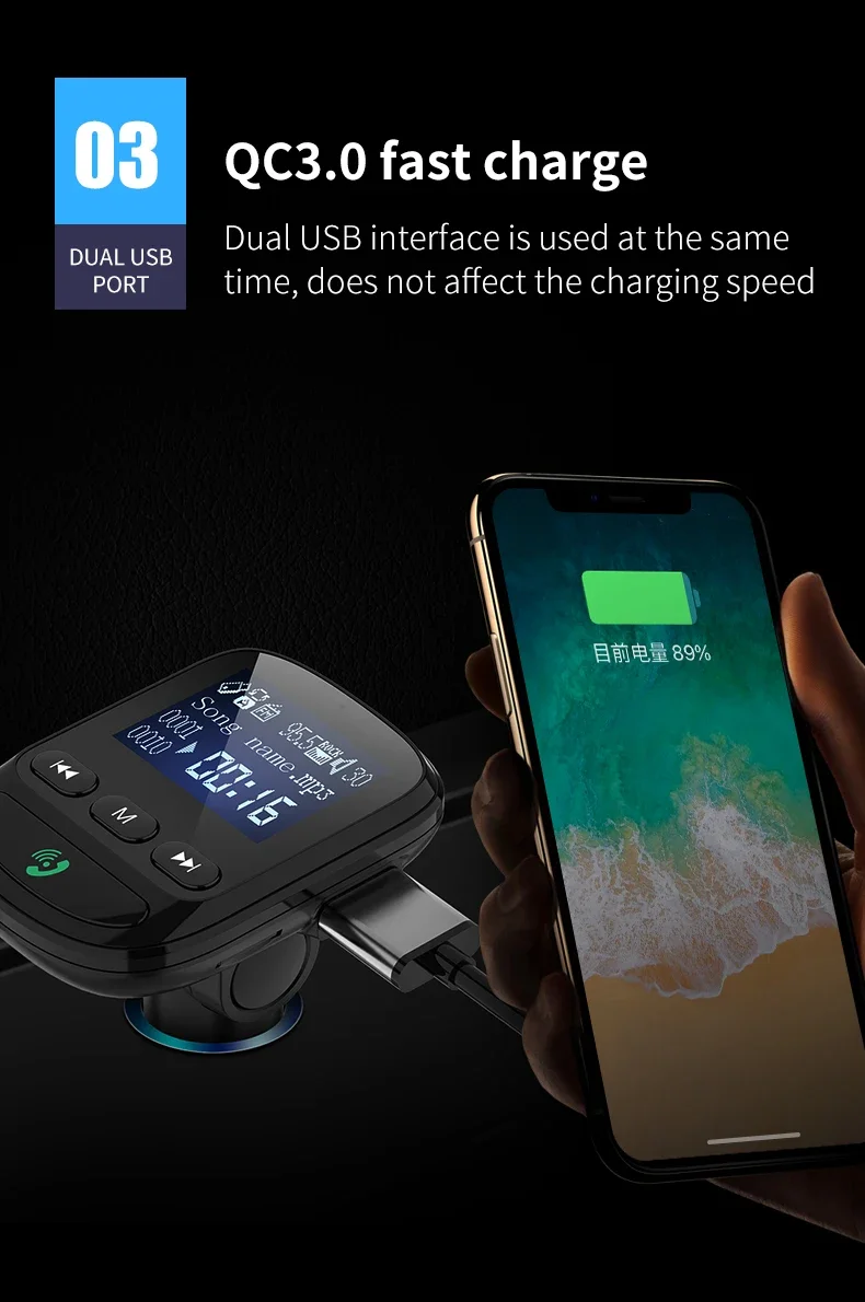 Автомобильный AUX MP3-плеер Bluetooth 5 0 FM-передатчик Радиоадаптер Комплект 2 USB-порта QC3.0