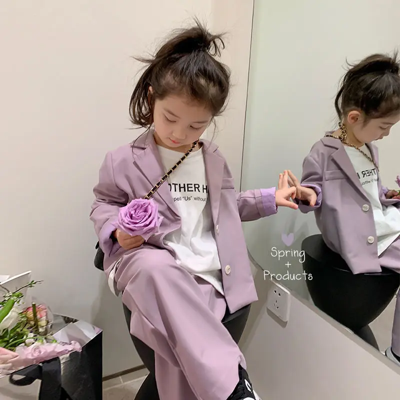 

Toddler Girl Blazer Set Spring Autumn Suit for Girls School Casual Solid Tops Straight Pants Two-piece 2 3 10 Years Kids Clothes