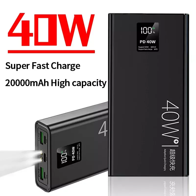 

NEW 20000mAh Super Fast Charging Bank 40W Portable Digital Display External Battery Charger with Flashlight
