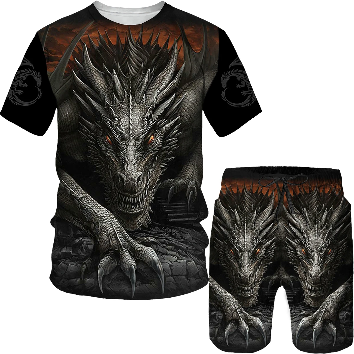 2023 Summer Latest Men's T-shirt+Shorts 2PK 3D Funny Dragon Tiger Print Large Vintage Fashion Casual Street Sportswear XXS-6XL