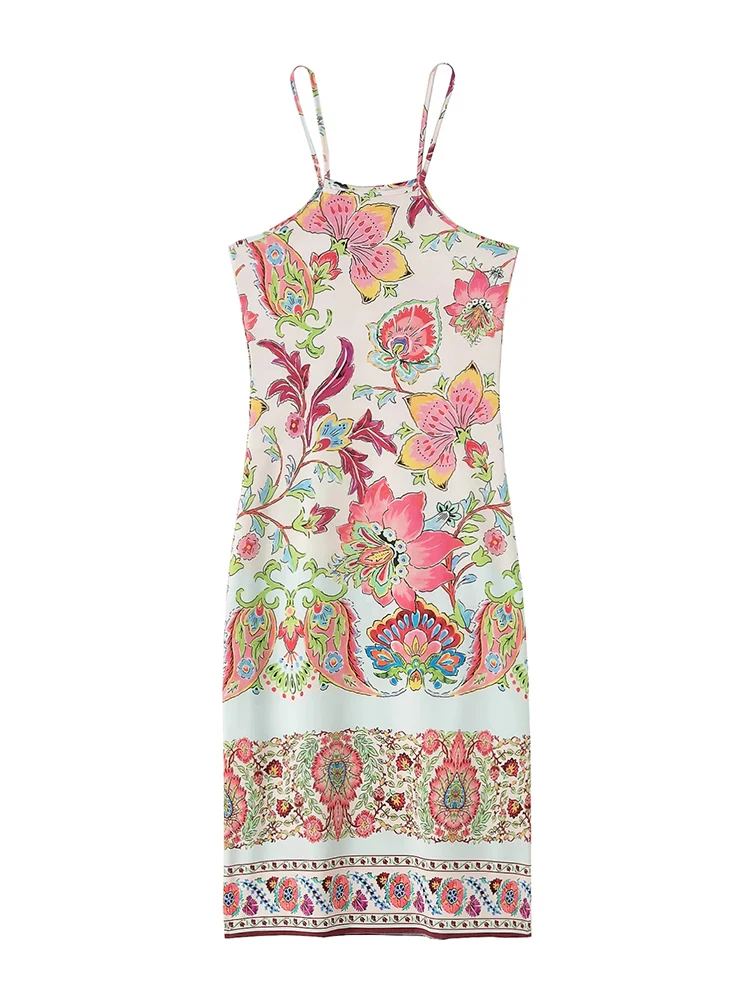 

xikom Women Fashion Printed Long Flowing Dress Vintage Straight Neck Thin Straps Female Dresses Vestidos Mujer