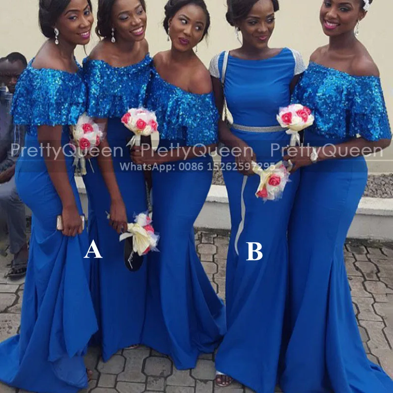 

Платье подружки невесты с блестками и юбкой-годе, женское длинное платье с открытыми плечами, облегающее платье ярко-синего цвета с юбкой-годе