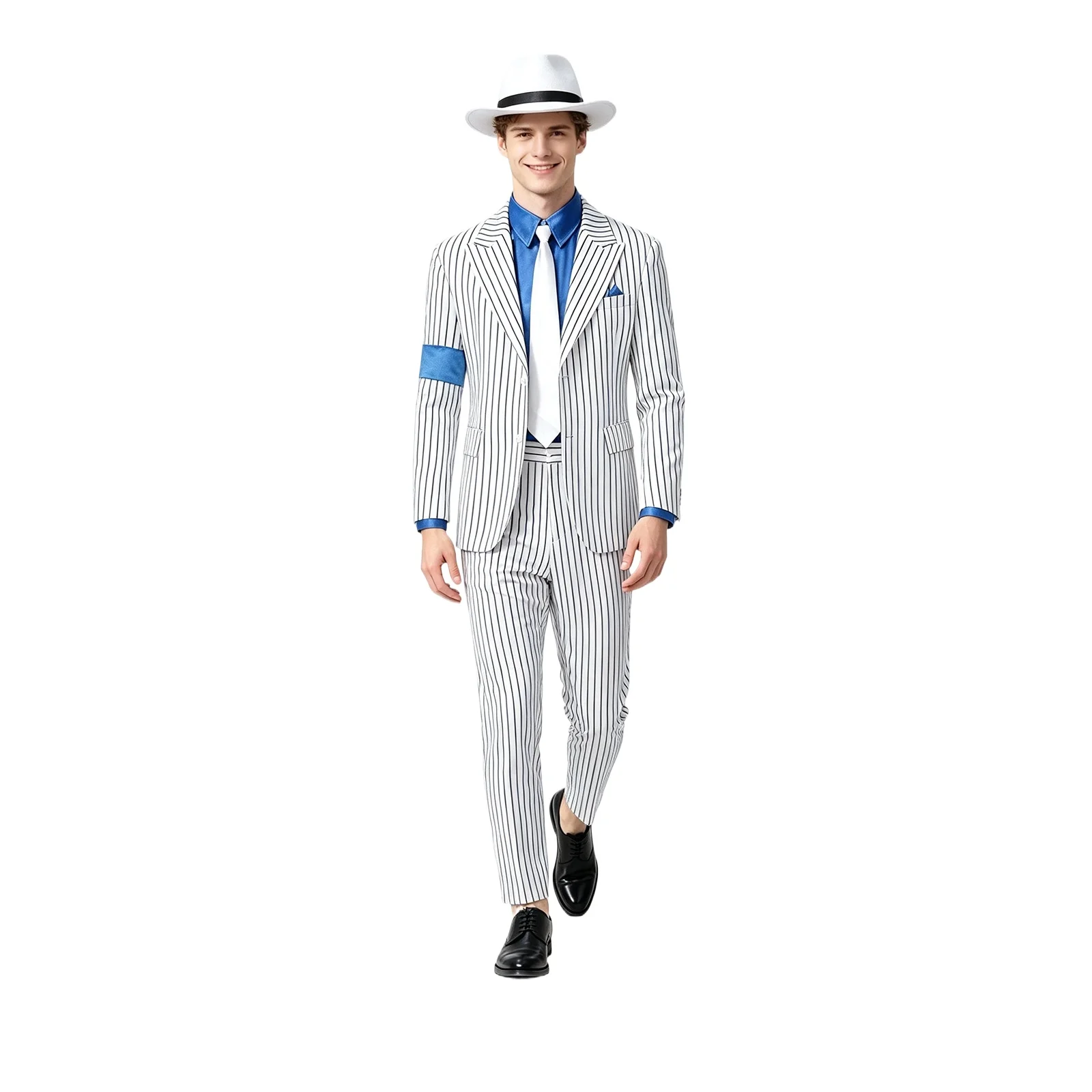 Фото Модный костюм для косплея Майкла Джексона MJ BAD Smooth Criminal, белый костюм с полосками, брюки, шляпа, унисекс, наряд для Хэллоуина и карнавала. №1