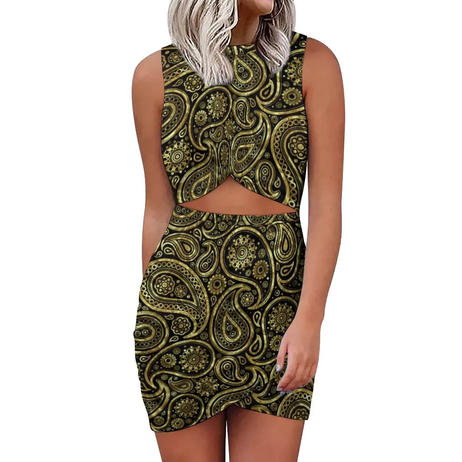 

Gold Paisley Print Mini Dress Hollow Out Vintage Floral Cute Dresses Summer Women Fashion Pattern Bodycon Dress Large Size 5XL