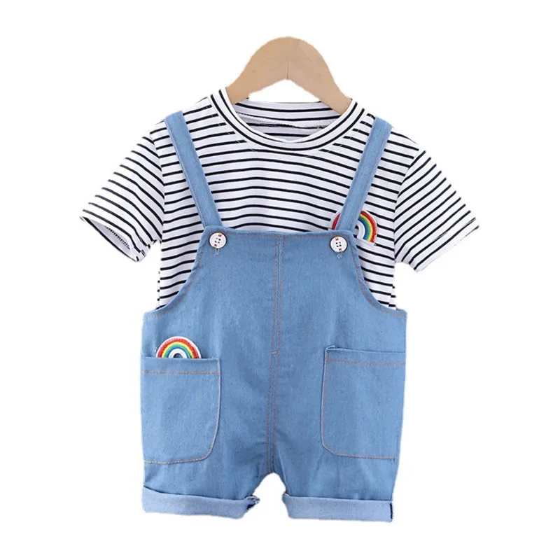 

New Summer Baby Girl Clothes Children Boys Striped Short Sleeve T-Shirt Overalls 2Pcs/Set Toddler Casual Costume Kids Tracksuits