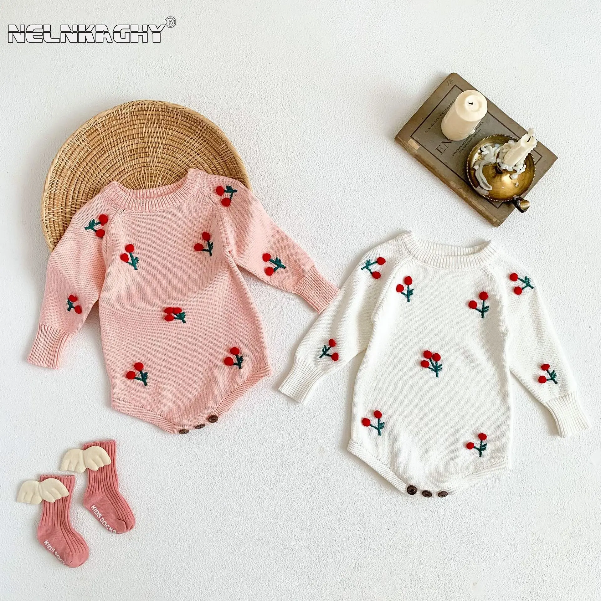 

Autumn Infant Baby Girls Full Sleeve 3D Cherry Knitted One-piece Kids Jumpsuits Toddler Cute Clothing Newborn Bodysuits 0-3Y