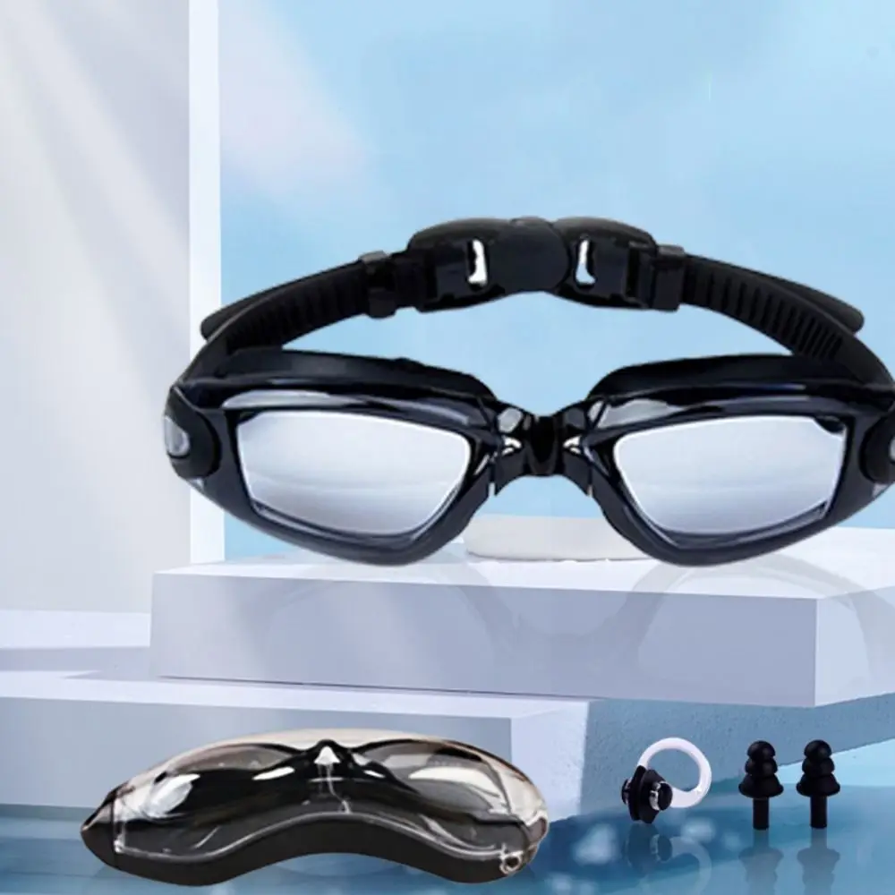 

Anti-fog Swim Glasses with Earplug Wide Vision Swimming Goggles Adjustable Silicone Electroplated Flat Glasses