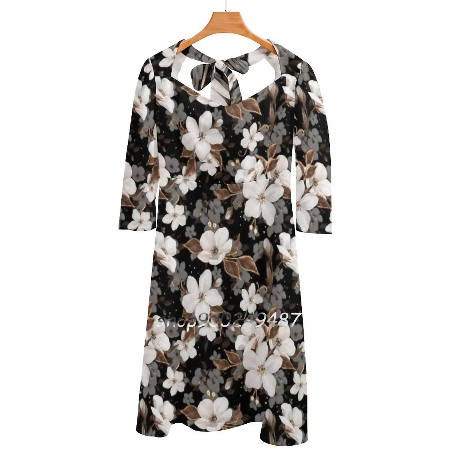 

Flowers Flare Dress Square Neck Dress Elegant Female Fashion Printed Dress Seamless Flowers Pattern Cherry Blossom Branch