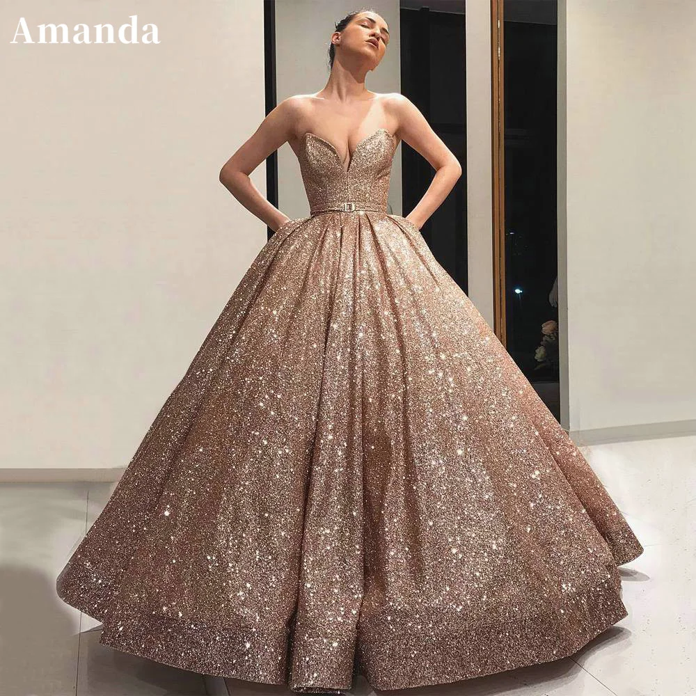 

Amanda Sexy Strapless Ball Gown Prom Dress Shiny A-line вечернее платье люкс 2023 Champagne Gold Party Dress Sexy Evening Dress