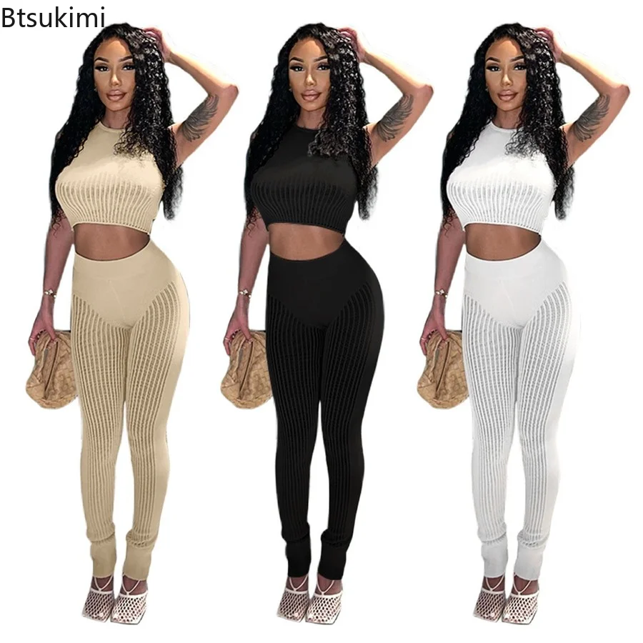 

2022 Summer Stripe Patchwork Women Casual 2 Pieces Crop Top Tanks High Waist Leggings Set Tracksuit Sportswear Outfit Women Sets