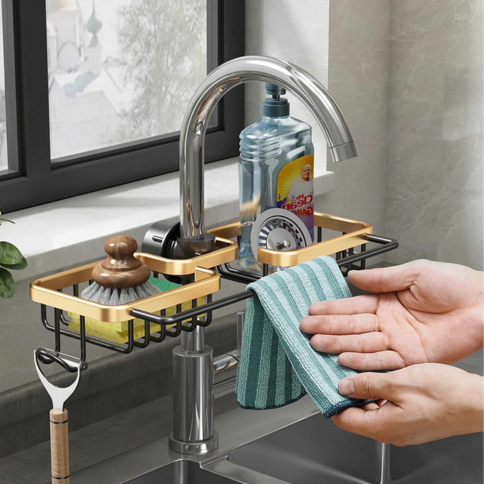 

Kitchen Space Aluminum Sink Drain Rack Sponge Storage Faucet Holder Soap Drainer Shelf Basket Organizer Bathroom Accessories