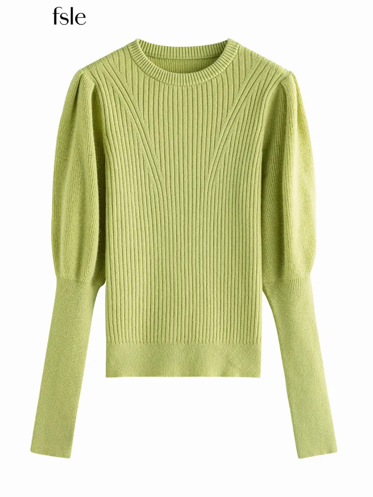 

FSLE 59.2% Wool French Retro Knitted Sweater Round Neck Lamb Leg Sleeve Solid Temperament Sweaters Women Winter Pullover