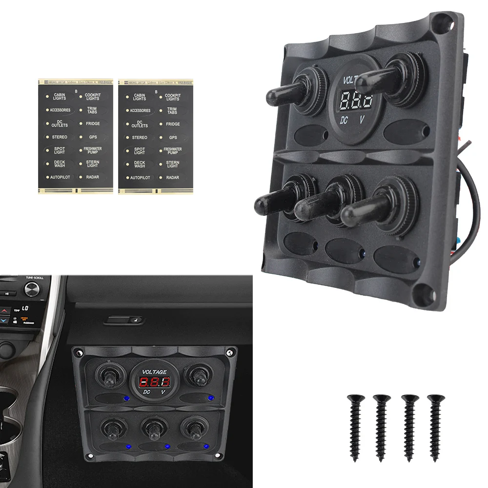 

Circuit Breaker Waterproof Car Marine LED Rocker Switch Panel Voltmeter/Cigarette Lighter Plug 5 Gang DC 12v Universal