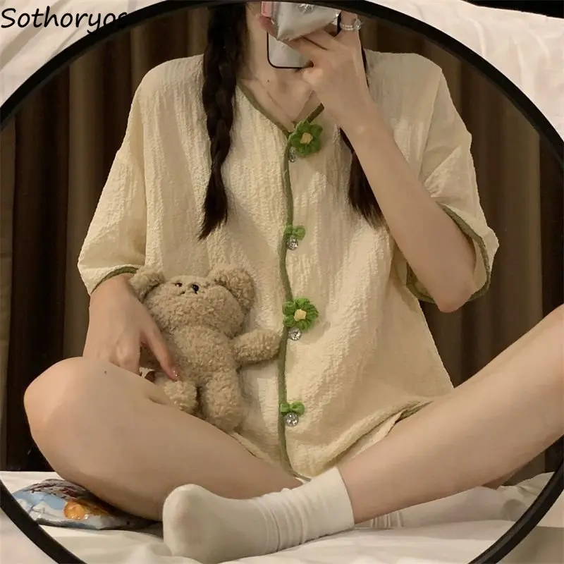 

Пижамный комплект Женский с цветами, Простой повседневный удобный Милая креативная женская летняя Элегантная стильная пижама в Корейском стиле