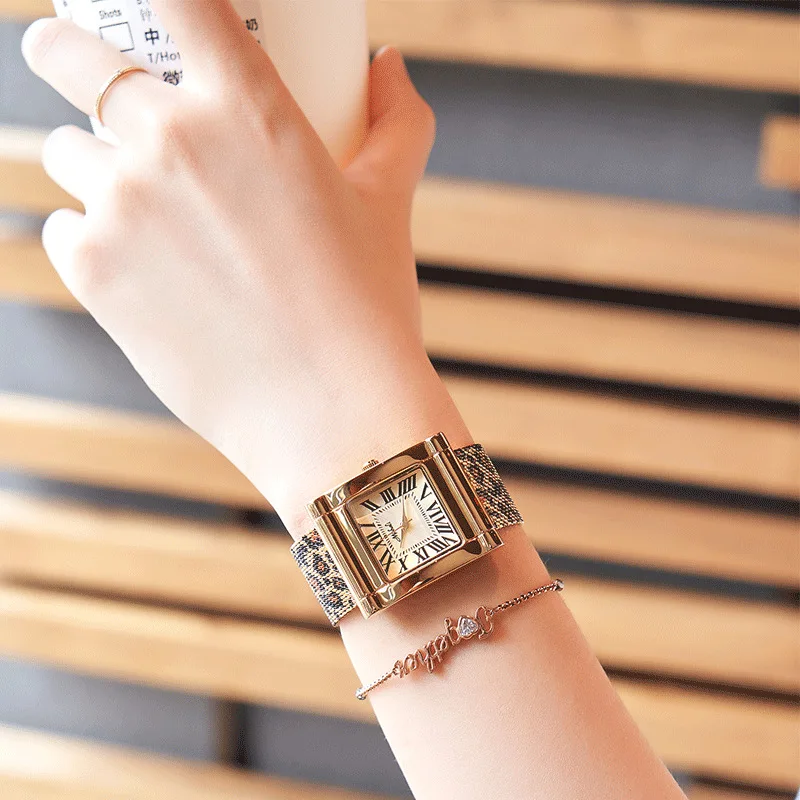 

Luxury Rose Gold Stainless Steel Leopard Print Mesh Belt Quartz Wristwatches Watch for Women Gift for Girls Amante De Relojes