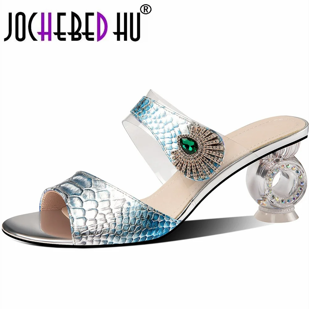 

【JoCHEBED HU】Sexy Slip On Women Summer Genuine Leather Slippers High Quality New Strange Style Rhinestone Butterfly-knot 33-43
