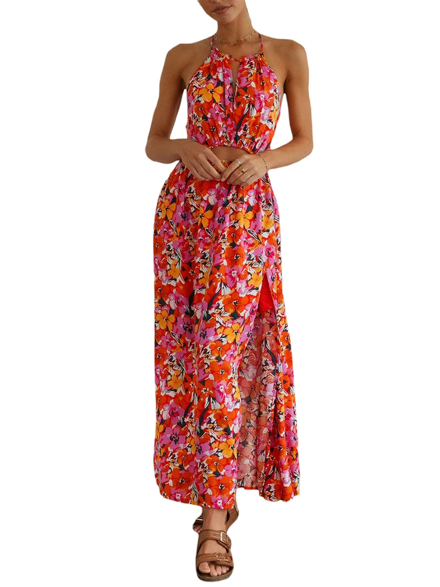 

Women Halter Neck Long Dress Floral Flowy Dress Cutout Tie Up Backless Dress One Side Split Dress Summer Beach Dress