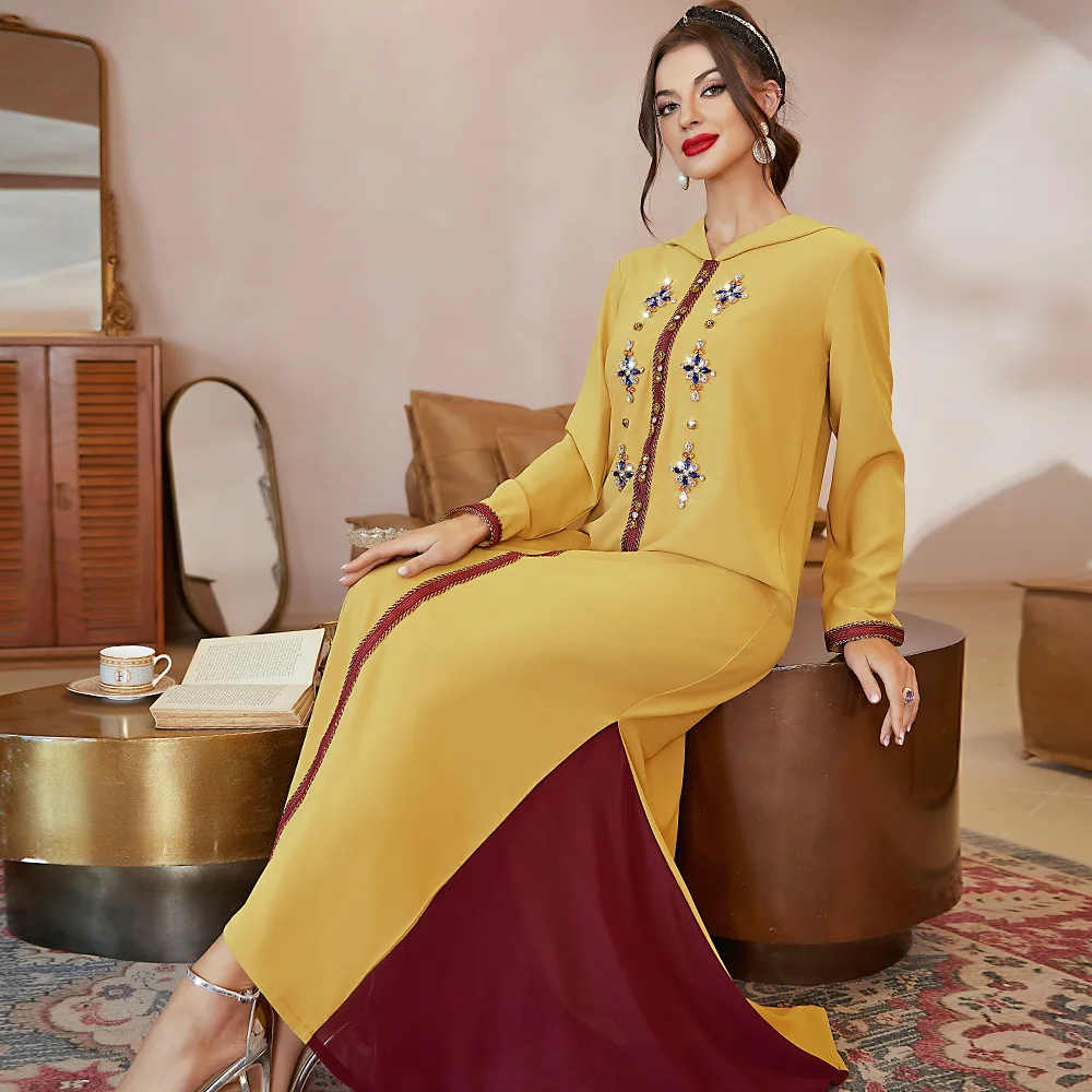 Djellaba Yellow Abaya Dubai Evening Dresses for Muslim Women Handwork Diamond Caftan Marocain Robe Arabe Femme Musulman Vestidos