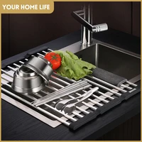 New Design Kitchen Dish Drain Rack 304 Stainless Steel Sink Rack Insulation Pad Bowl Rack Foldable Dish Drainer Rack Over Sink