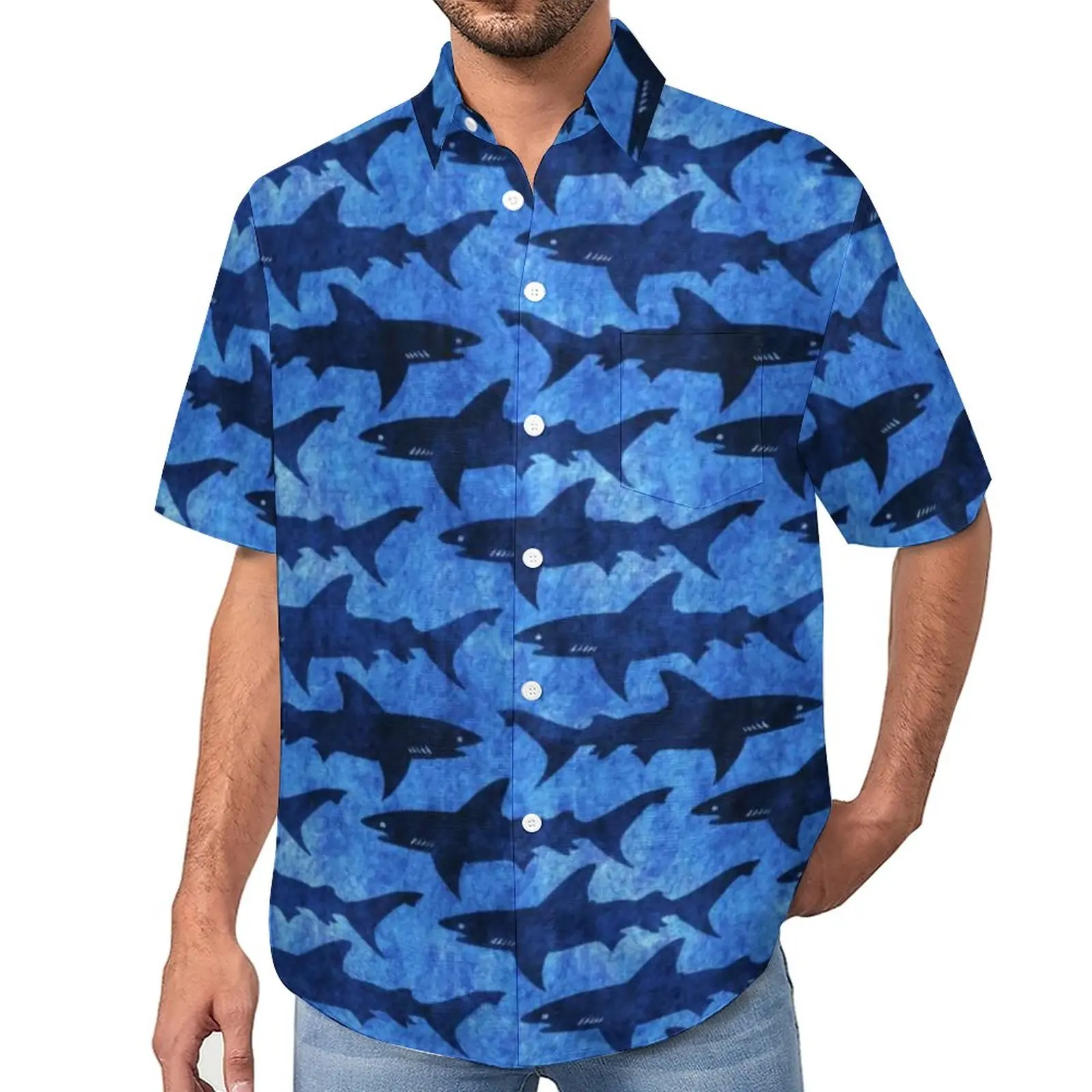 

Повседневные рубашки с забавными акулами, рубашка для отпуска в глубоком синем море с акулами, Гавайские винтажные блузки, Мужская графика, размеры 4XL