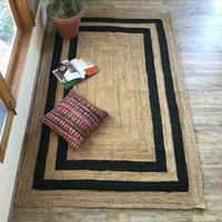 Jute Rug with Black Rectangle  Handmade Braided 2x3 Feet Decorative Carpet Rugs and Carpets for Home Living Room