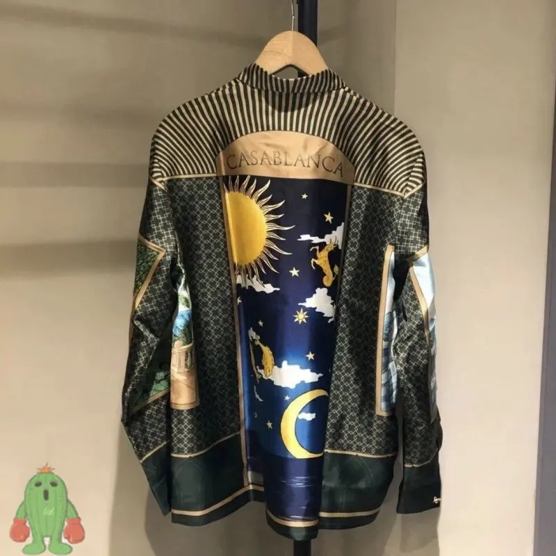 Real Photos CASABLANCA  Shirts Style Alchemy Print Long Sleeved Tops Sun Moon Constellation Totem Men Women Silk Thin Shirt