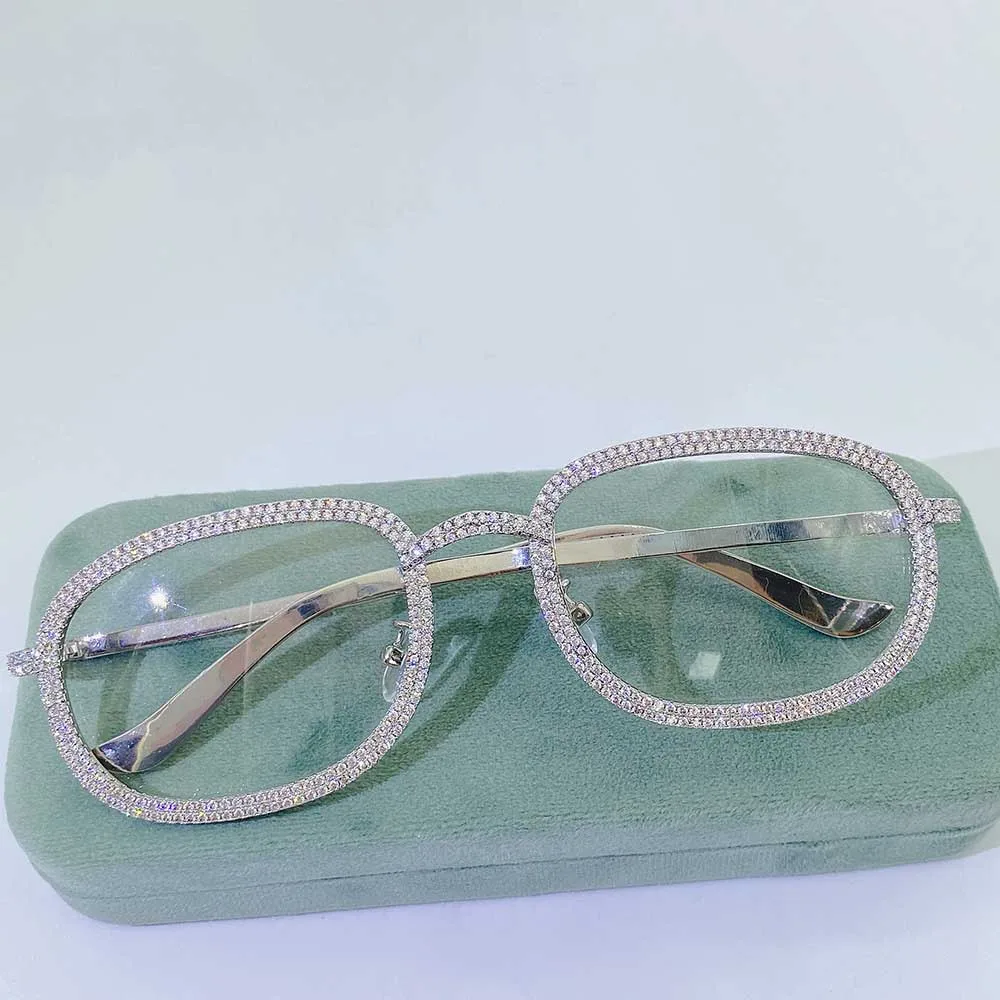Personality Harf-Round Lens 5A Zircon Sunglasses Women Men Iced Double Rows Cubic Zirconia Eyeglass Copper Custom Jewelry Gift