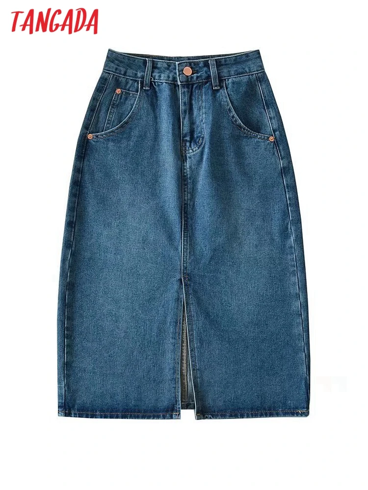 

Tangada 2022 New Women Blue Denim Midi Skirt Vintage Zipper Ladies Chic Mid Calf Skirts TM17