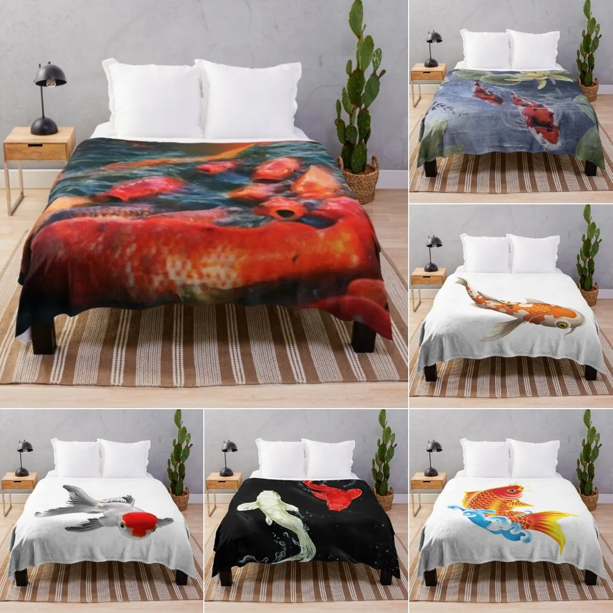 Koi Flannel Throw Blanket Red Golden Lucky Fish Lake Pattern King Queen Full Size for Living Room Bed Couch Lightweight Warm