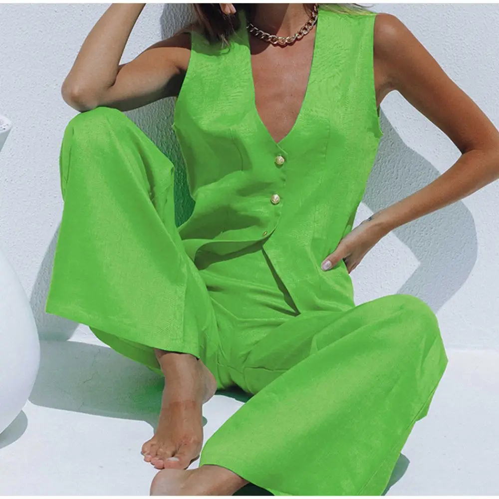 Sexy Black V-Neck Buttoned Slit Vest Pants Women Suit 2023 Summer Sleeveless Wide Leg Pant Female Suits Fashion Office Lady Set