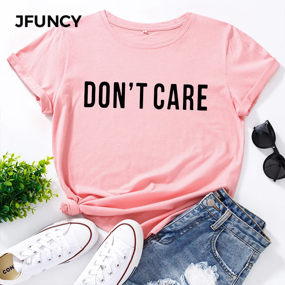 JFUNCY Women Casual Tshirt Short Sleeve Cotton T-shirt Don't Care Letters Print Graphic Tees Female T Shirt Woman Tops