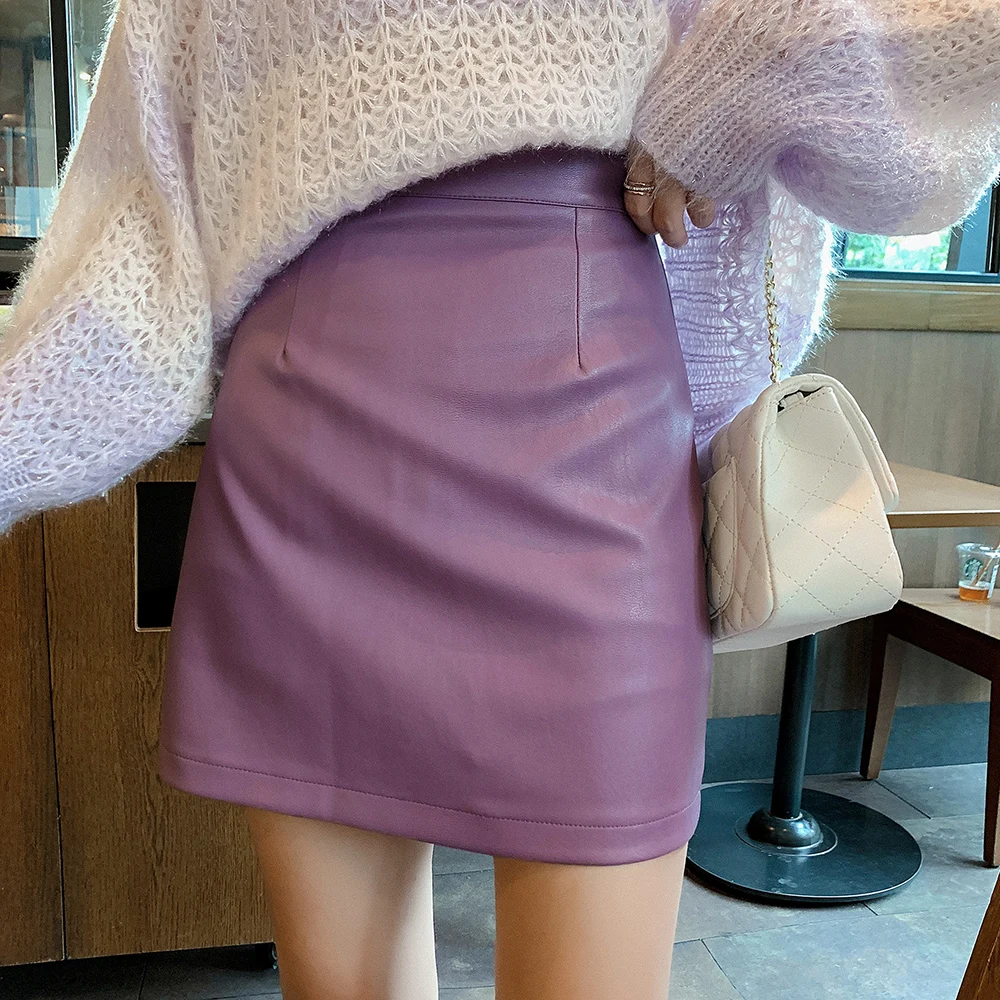 

High Waist Solid Color Pu Leather Skirt Bag Hip Skirt 2022 Autumn New Joker Slim High Skirt A-line Purple Skirt