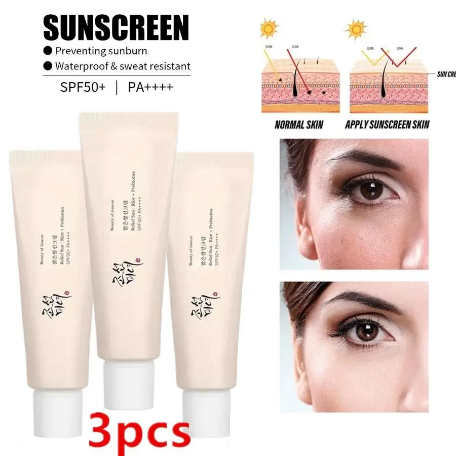 

3PCS Rice Probiotic Sunscreen Organic Waterproof Sunscreen Lotion Oil-free Korean Broad Spectrum Sunscreen Cream SPF 50+ PA++++