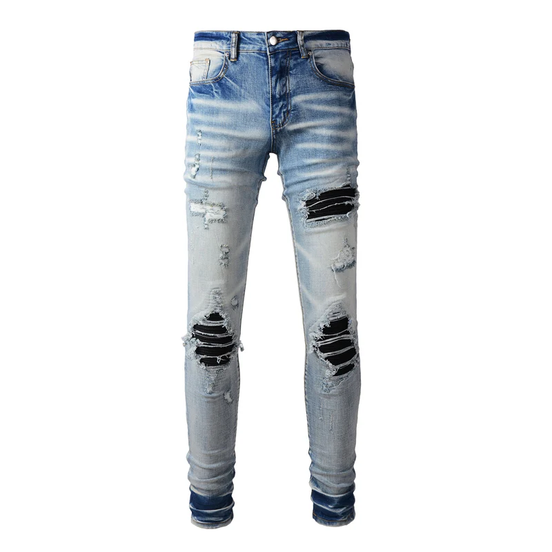High Street Fashion Men Jeans Retro Light Blue Stretch Skinny Fit Ripped Jeans Men Leather Patched Designer Hip Hop Brand Pants